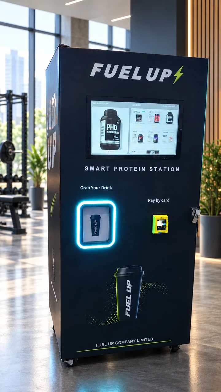 Fuel Up 機台正面:觸控螢幕、取杯窗與感應付款區